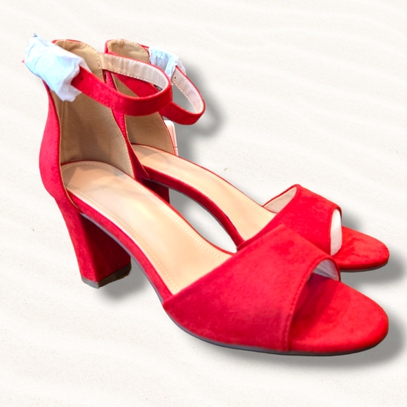 Women's  Peep Toe Ankle Strap Buckle Chunky High Heels Sandals  Red Shoes Sz 9 - Picture 4 of 6